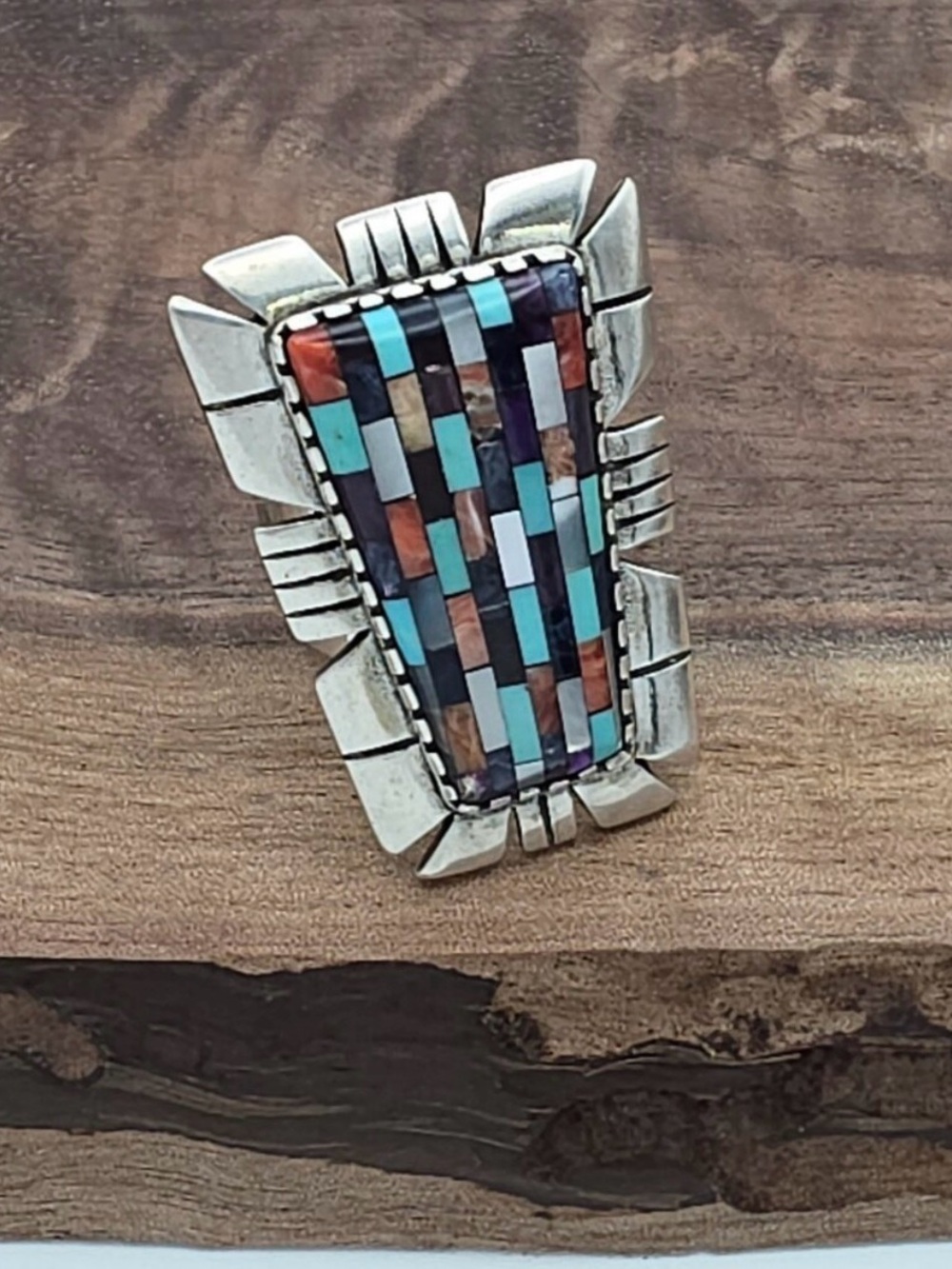 Vtg Carolyn Pollack Relios Mosaic Inlay Southwestern Oversized Statement Ring